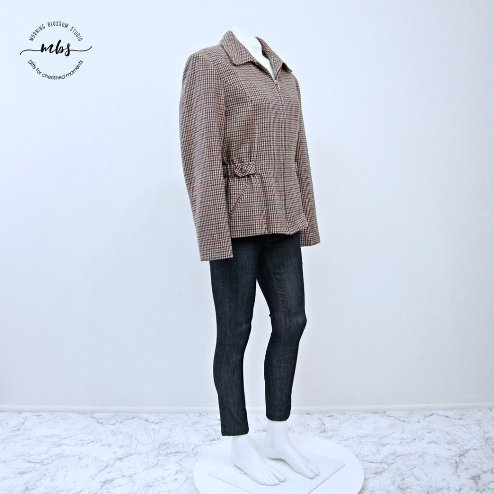 Braebrook‎ Vintage Houndstooth Wool Zip Front Blazer Brown Tan Women M